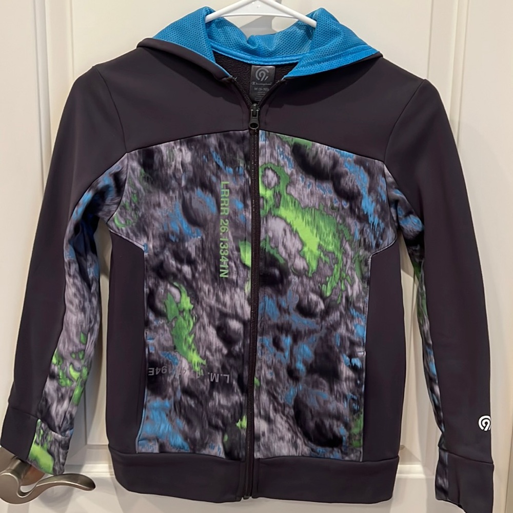 Boys Gray/Blue/Green Champion Zip Hooded Tech Fleece - M